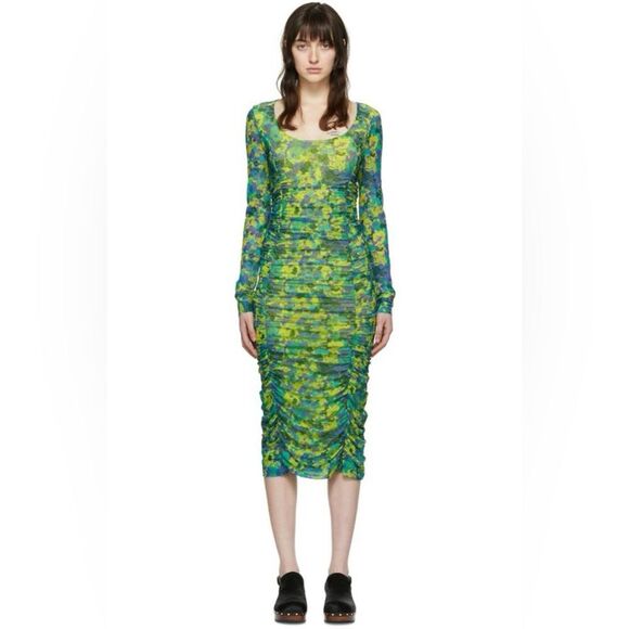 NWT Ganni | Sulphur Spring Stretch Recycled Nylon Mesh Midi Dress 34 2 - Picture 1 of 10